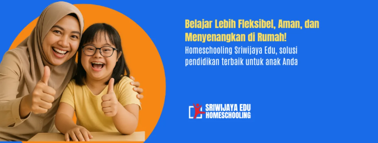 Guru dan anak perempuan tersenyum sambil mengacungkan jempol, mencerminkan suasana belajar yang menyenangkan di Homeschooling Sriwijaya Edu