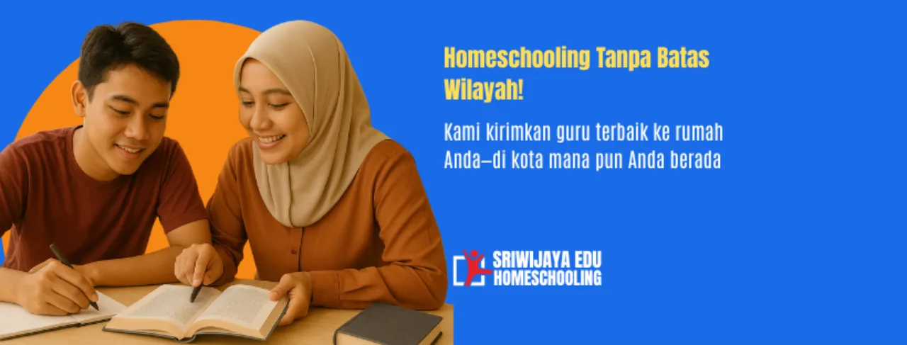 Guru berhijab mengajar siswa remaja di rumah dengan suasana hangat dan nyaman, menegaskan layanan Homeschooling Sriwijaya Edu yang tersedia di seluruh Indonesia