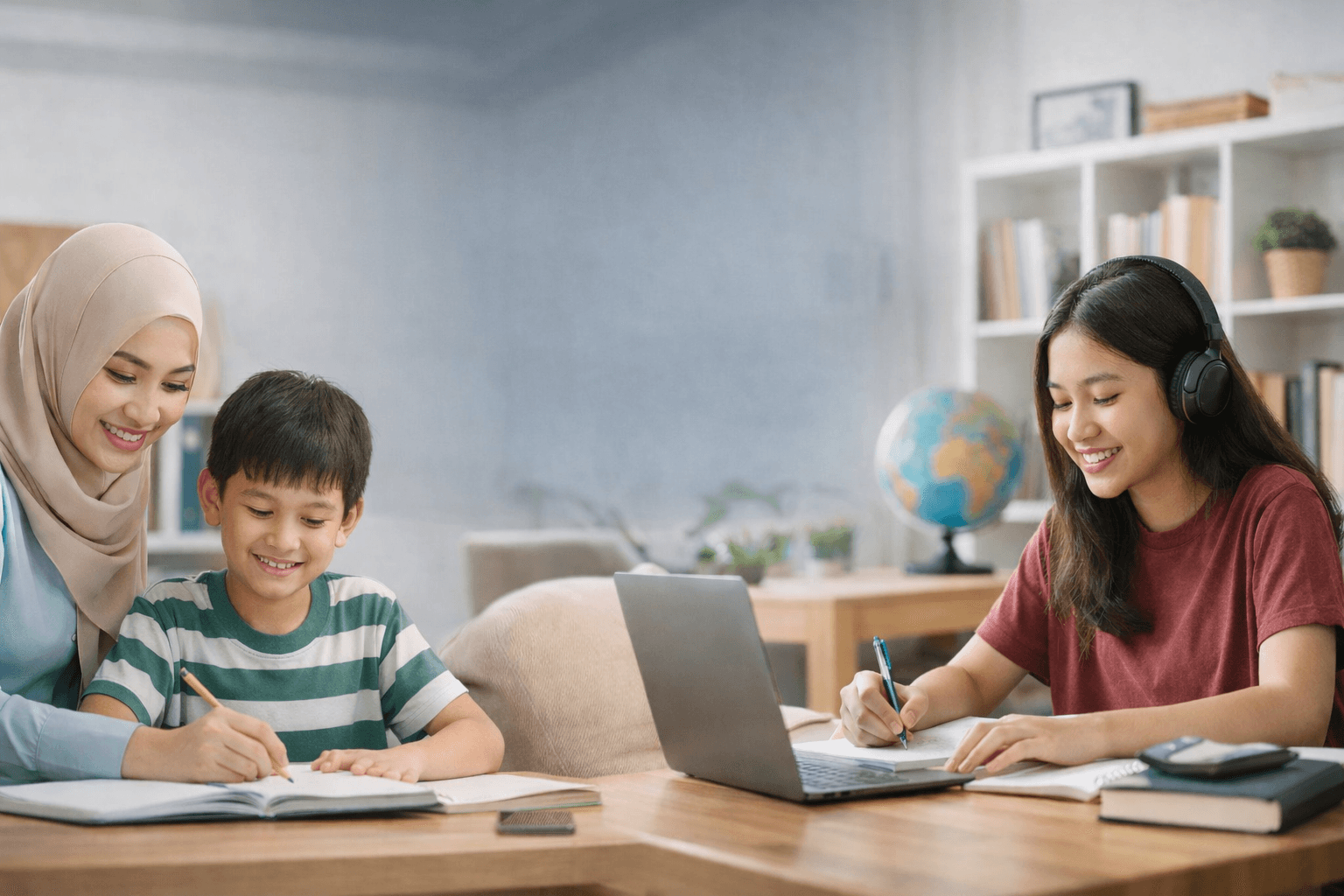 Anak Indonesia belajar homeschooling di rumah bersama guru pendamping dengan suasana belajar nyaman dan fokus di ruang tamu.