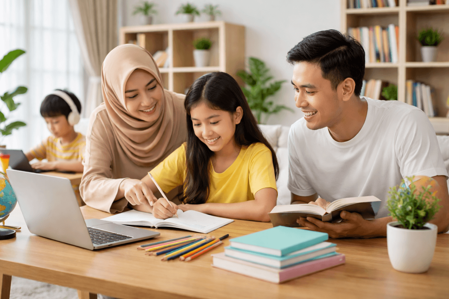 Anak Indonesia belajar homeschooling di rumah bersama orang tua dalam suasana nyaman dan cerah di Jakarta.