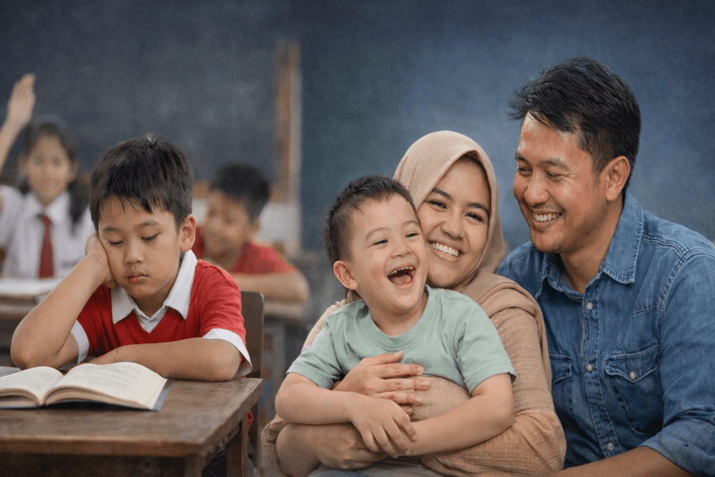 Anak Indonesia di kelas sekolah umum terlihat kesulitan belajar sementara orang tua memeluk anak berkebutuhan khusus dengan penuh perhatian.