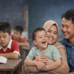 Anak Indonesia di kelas sekolah umum terlihat kesulitan belajar sementara orang tua memeluk anak berkebutuhan khusus dengan penuh perhatian.