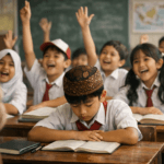 Anak Slow Learner yang kesulitan mengikuti pelajaran duduk diam di kelas, sementara teman-temannya antusias mengangkat tangan menjawab pertanyaan guru di sekolah umum.