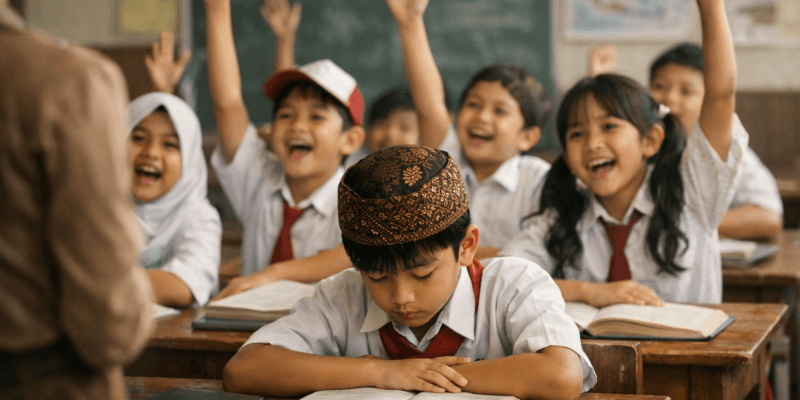 Anak Slow Learner yang kesulitan mengikuti pelajaran duduk diam di kelas, sementara teman-temannya antusias mengangkat tangan menjawab pertanyaan guru di sekolah umum.