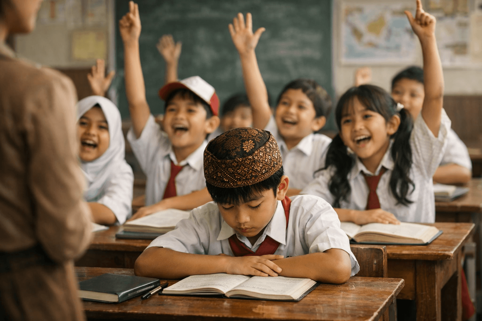 Anak Slow Learner yang kesulitan mengikuti pelajaran duduk diam di kelas, sementara teman-temannya antusias mengangkat tangan menjawab pertanyaan guru di sekolah umum.