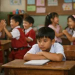 Anak inklusi usia 10 tahun di Malang duduk diam di kelas bersama teman-teman yang lebih muda.