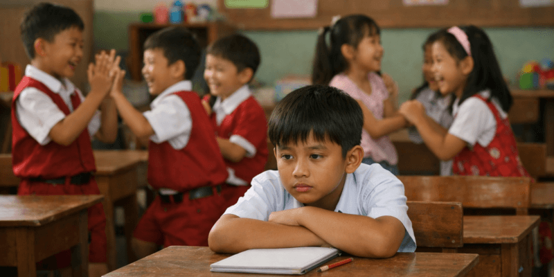Anak inklusi usia 10 tahun di Malang duduk diam di kelas bersama teman-teman yang lebih muda.