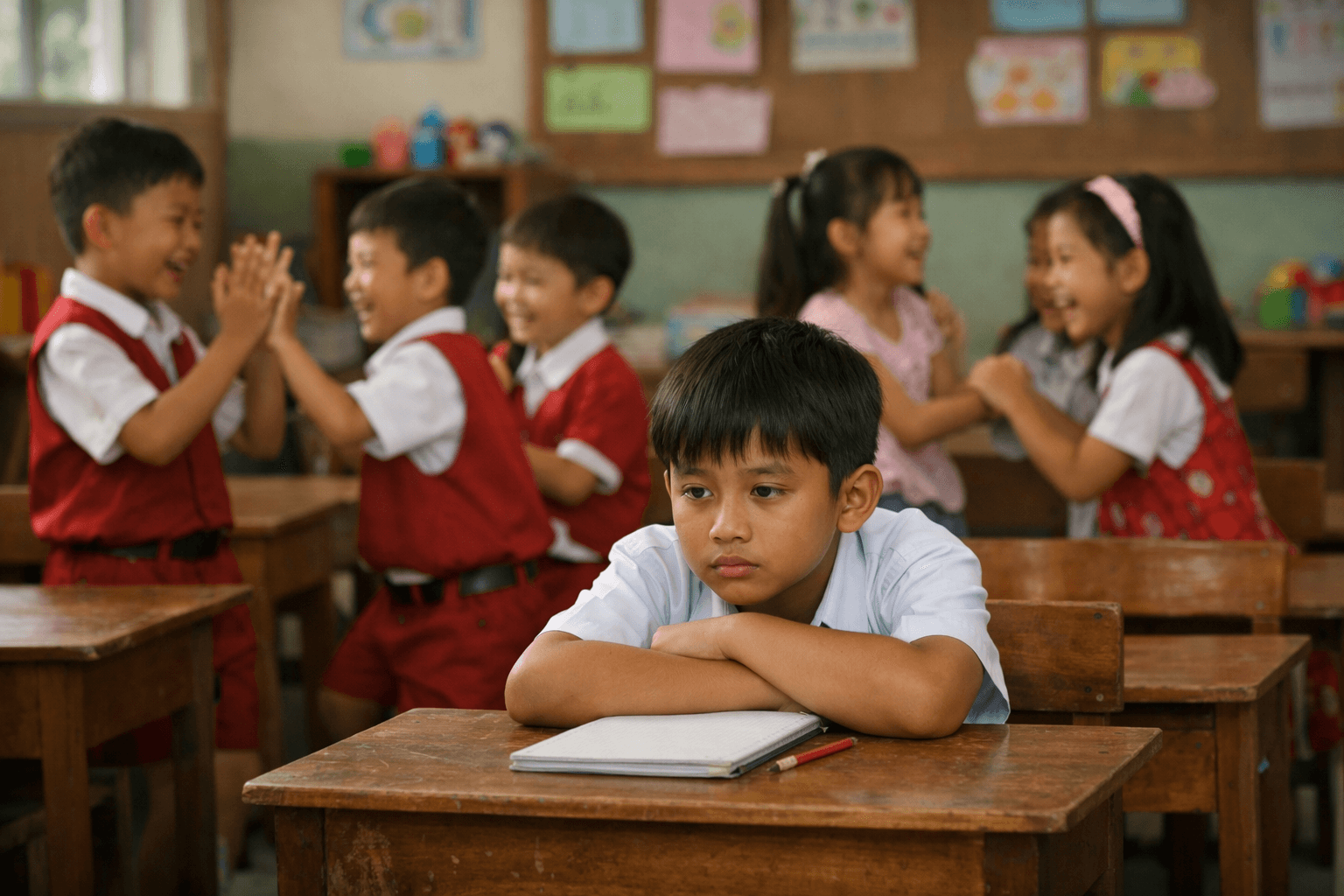 Anak inklusi usia 10 tahun di Malang duduk diam di kelas bersama teman-teman yang lebih muda.