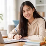 Anak introvert Jawa Indonesia terlihat bahagia belajar di rumah dengan suasana nyaman setelah terbebas dari perundungan di sekolah sebelumnya.