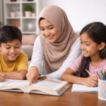 Guru berhijab dari Malang sedang mengajar dua anak belajar di meja belajar di ruang tamu rumah dengan suasana nyaman dan fokus belajar homeschooling.
