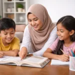 Guru berhijab dari Malang sedang mengajar dua anak belajar di meja belajar di ruang tamu rumah dengan suasana nyaman dan fokus belajar homeschooling.