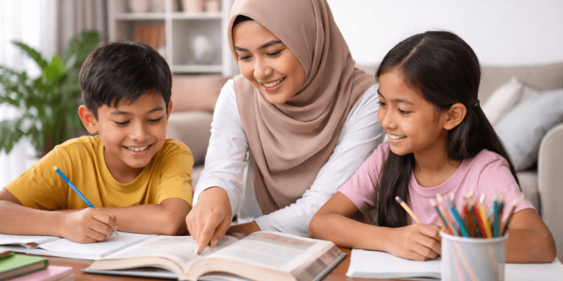Guru berhijab dari Malang sedang mengajar dua anak belajar di meja belajar di ruang tamu rumah dengan suasana nyaman dan fokus belajar homeschooling.