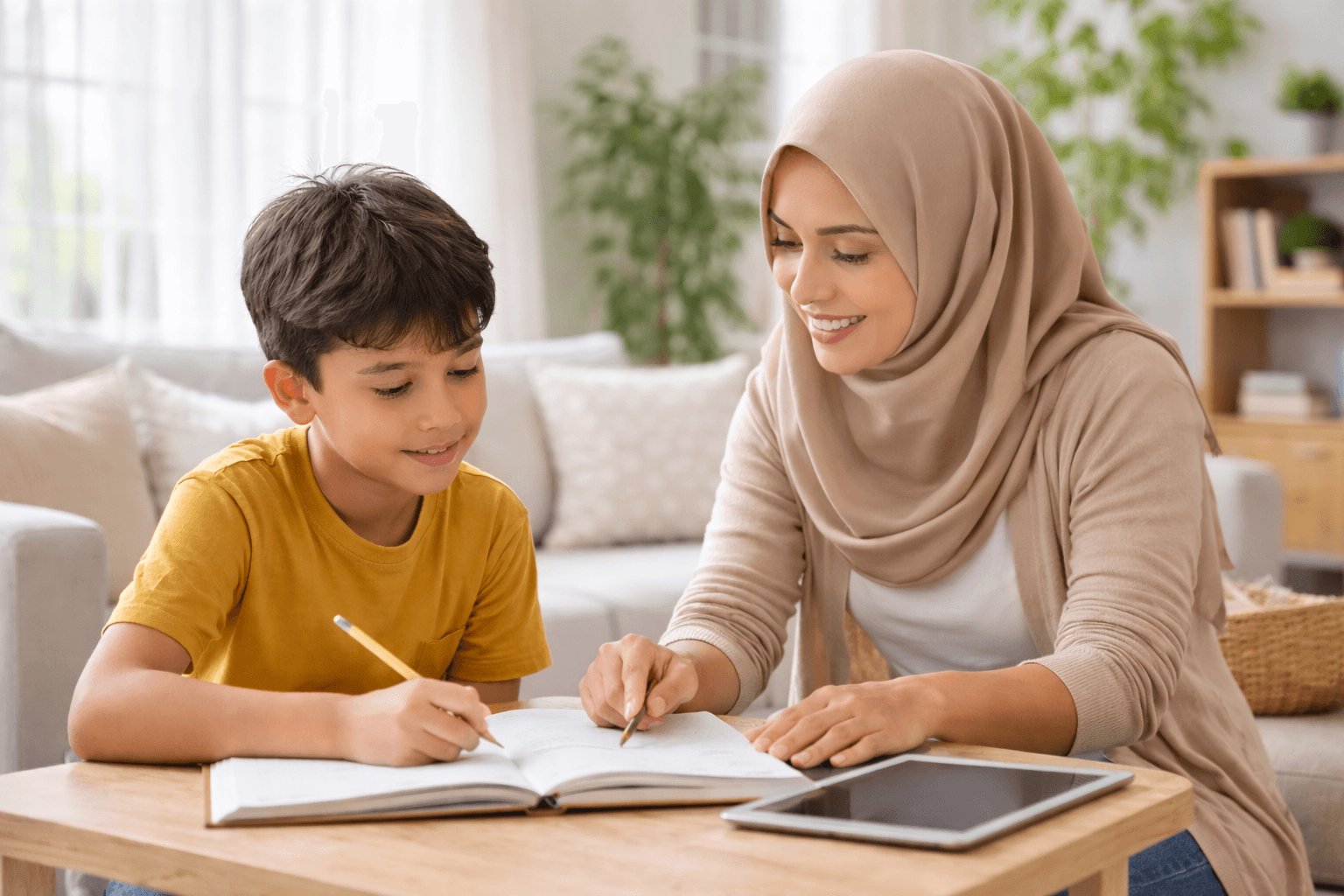 Guru berhijab panjang sedang mengajar seorang siswa secara homeschooling di ruang tamu rumah yang luas, cozy, terang dengan pencahayaan alami dan suasana belajar yang tenang.