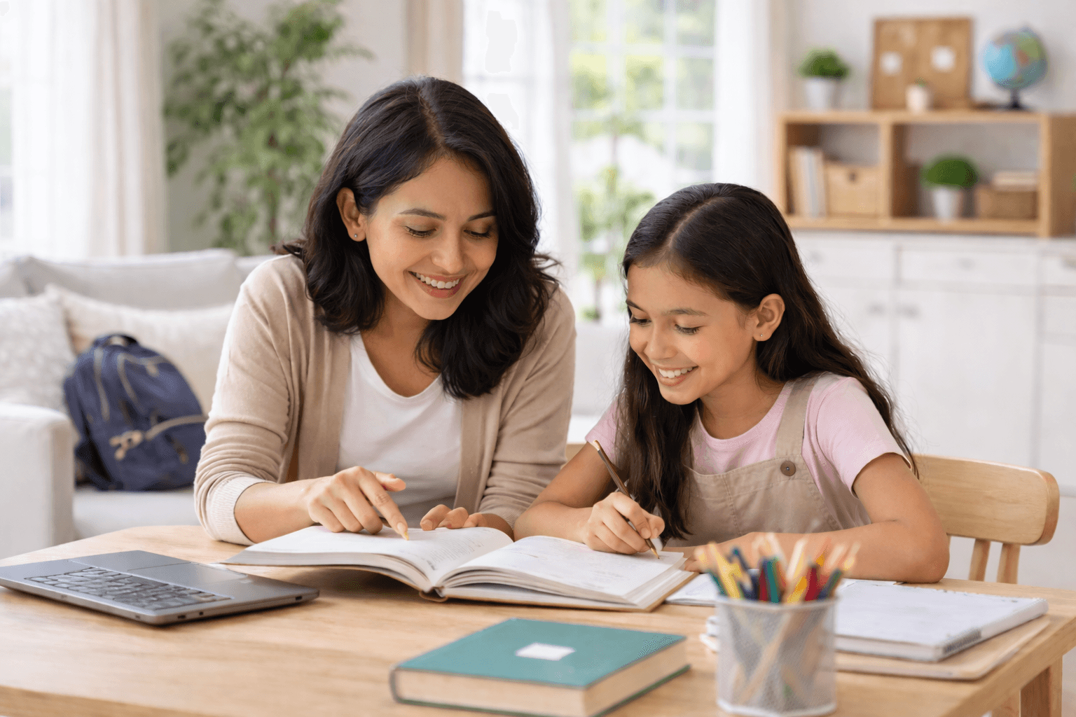 Guru homeschooling berwajah Jawa sedang mendampingi siswi belajar di meja ruang tamu rumah yang luas, nyaman, dan terang dengan suasana belajar yang tenang dan natural.