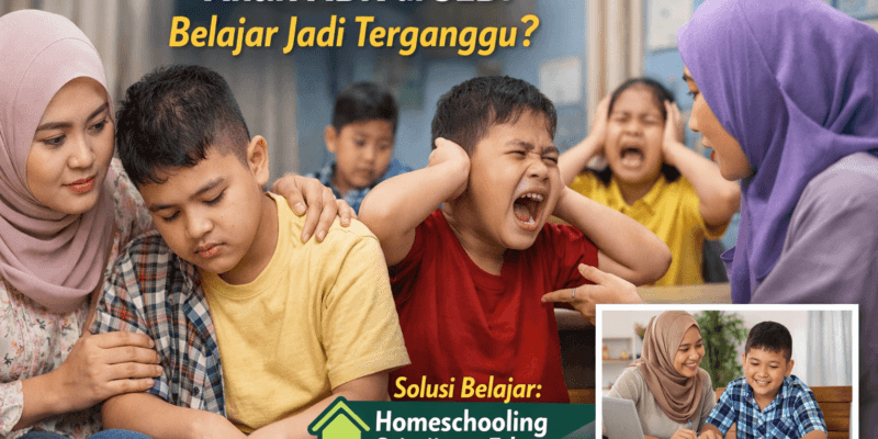 Guru sedang menenangkan anak berkebutuhan khusus yang mengalami tantrum di kelas, sementara siswa lain terlihat terganggu, menggambarkan tantangan belajar anak ABK di sekolah dengan banyak siswa.