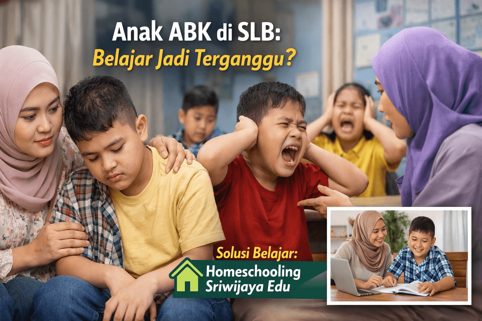 Guru sedang menenangkan anak berkebutuhan khusus yang mengalami tantrum di kelas, sementara siswa lain terlihat terganggu, menggambarkan tantangan belajar anak ABK di sekolah dengan banyak siswa.
