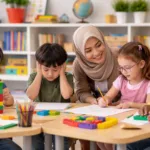 Guru wanita Indonesia berhijab membantu beberapa anak berkebutuhan khusus belajar bersama di ruang kelas dengan mainan edukatif dan buku di meja.