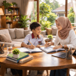 Guru wanita Indonesia sedang mengajar siswa SD secara privat di ruang tamu rumah yang nyaman dan natural dengan suasana belajar homeschooling.