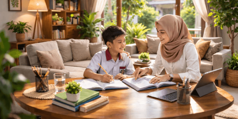 Guru wanita Indonesia sedang mengajar siswa SD secara privat di ruang tamu rumah yang nyaman dan natural dengan suasana belajar homeschooling.