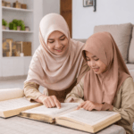 Guru wanita berhijab mengajar siswa perempuan membaca Al-Qur’an dalam suasana belajar homeschooling di rumah di Medan.
