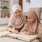 Guru wanita berhijab mengajar siswa perempuan membaca Al-Qur’an dalam suasana belajar homeschooling di rumah di Medan.