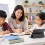 Homeschooling di Jakarta bersama tutor dan dua siswa belajar dalam suasana nyaman dengan metode pembelajaran personal HS Sriwijaya Edu