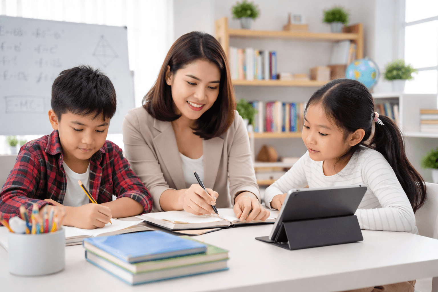 Homeschooling di Jakarta bersama tutor dan dua siswa belajar dalam suasana nyaman dengan metode pembelajaran personal HS Sriwijaya Edu