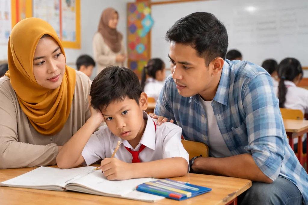Orang tua Indonesia di Samarinda Kalimantan Timur mendampingi anak sekolah dasar yang kesulitan belajar di dalam kelas dengan banyak siswa.