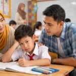 Orang tua Indonesia di Samarinda Kalimantan Timur mendampingi anak sekolah dasar yang kesulitan belajar di dalam kelas dengan banyak siswa.