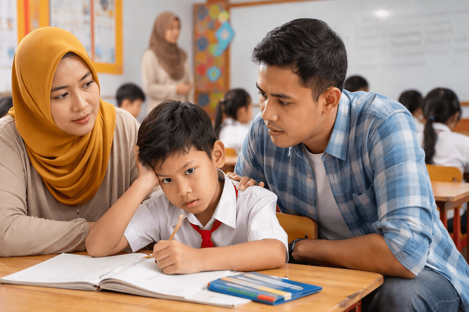 Orang tua Indonesia di Samarinda Kalimantan Timur mendampingi anak sekolah dasar yang kesulitan belajar di dalam kelas dengan banyak siswa.