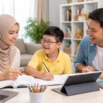 Orang tua mengajar anak belajar di rumah dalam program homeschooling mandiri yang aman dan nyaman di Malang