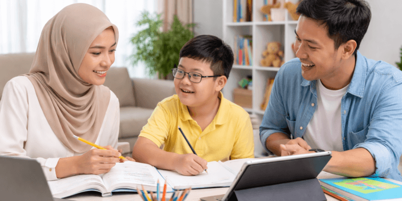 Orang tua mengajar anak belajar di rumah dalam program homeschooling mandiri yang aman dan nyaman di Malang