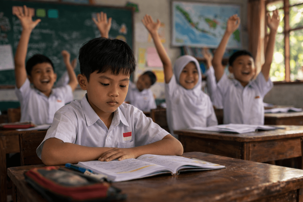Seorang siswa berwajah Jawa duduk diam di dalam kelas sekolah dengan suasana belajar yang tenang, terlihat fokus namun pendiam saat mengikuti pelajaran di ruang kelas bersama guru.