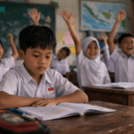 Seorang siswa berwajah Jawa duduk diam di dalam kelas sekolah dengan suasana belajar yang tenang, terlihat fokus namun pendiam saat mengikuti pelajaran di ruang kelas bersama guru.