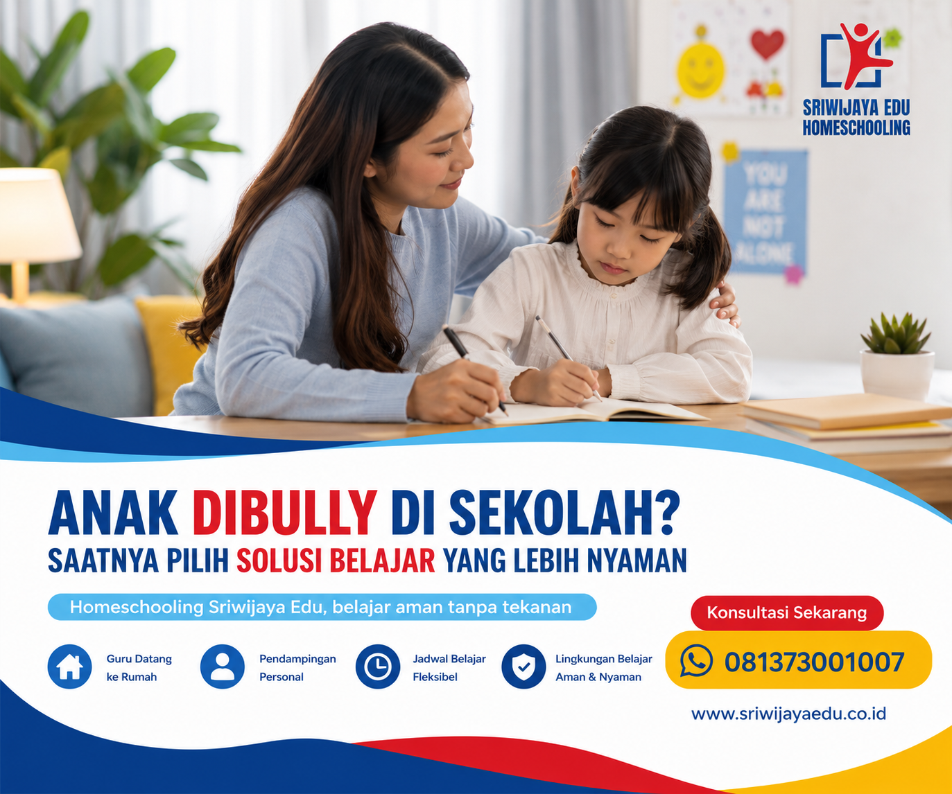 Anak dibully di sekolah di Sidoarjo belajar lebih nyaman bersama Homeschooling Sriwijaya Edu dengan guru privat datang ke rumah