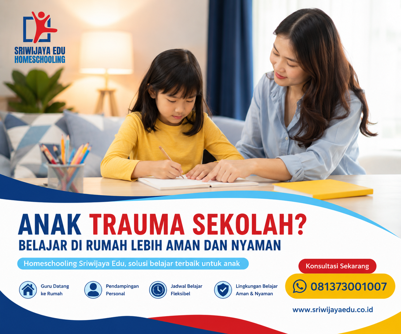 Anak trauma sekolah di Sidoarjo belajar nyaman di rumah bersama guru privat Homeschooling Sriwijaya Edu dengan pendampingan personal
