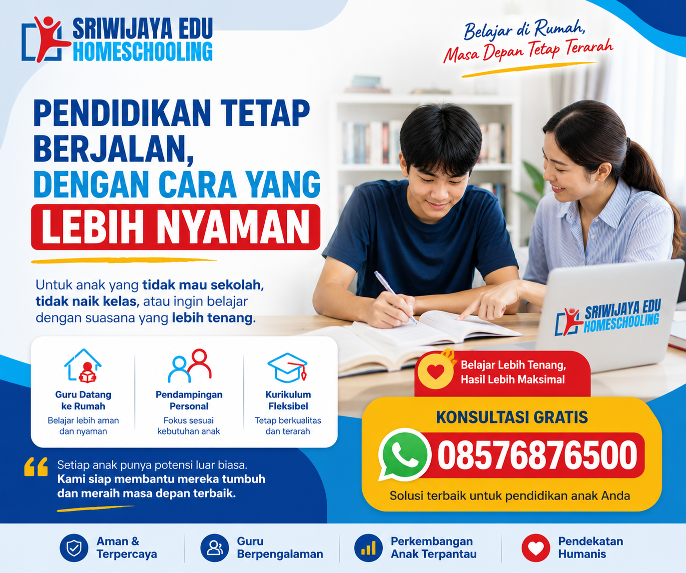 Homeschooling Sriwijaya Edu Balikpapan untuk anak tidak mau sekolah dengan sistem belajar fleksibel dan guru datang ke rumah.
