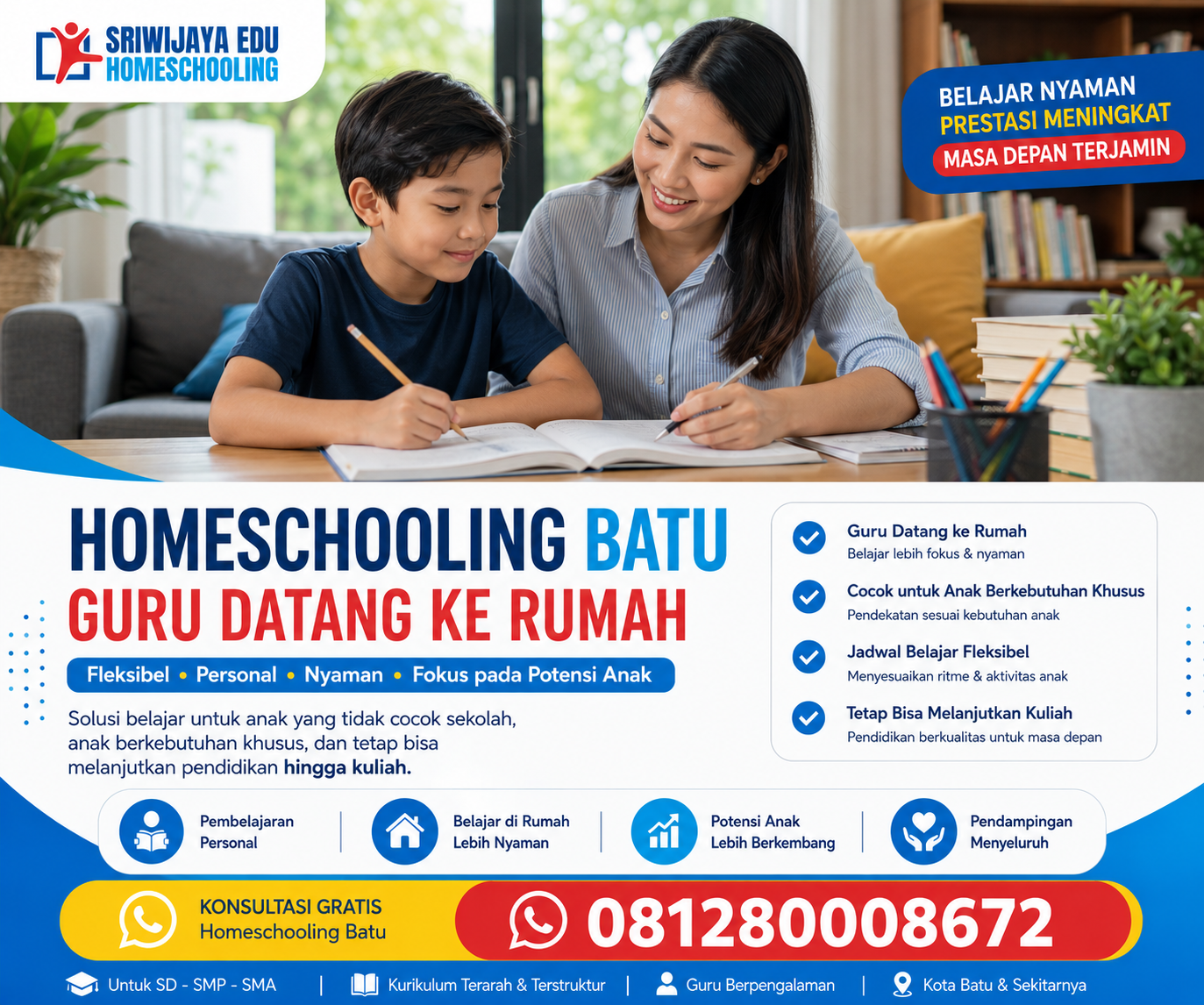 Homeschooling Sriwijaya Edu Batu dengan guru datang ke rumah, pembelajaran fleksibel dan nyaman untuk anak SD SMP SMA serta anak berkebutuhan khusus di Kota Batu dan Malang.