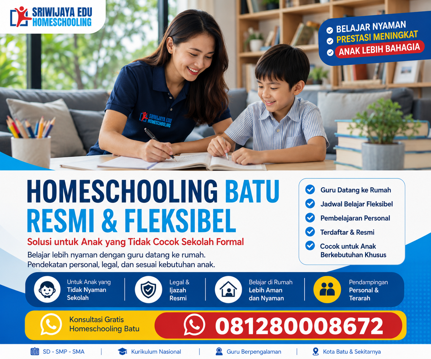 Homeschooling Batu resmi dari Sriwijaya Edu dengan guru datang ke rumah, pembelajaran fleksibel dan nyaman untuk anak yang tidak cocok sekolah formal di Kota Batu dan Malang.
