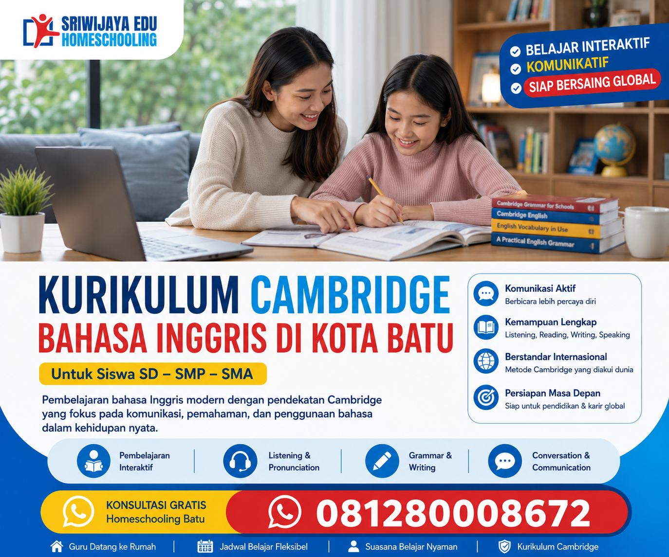 Kurikulum Cambridge Bahasa Inggris di Kota Batu bersama Homeschooling Sriwijaya Edu dengan siswa perempuan dan guru privat, pembelajaran fleksibel, modern, dan nyaman untuk SD SMP SMA.