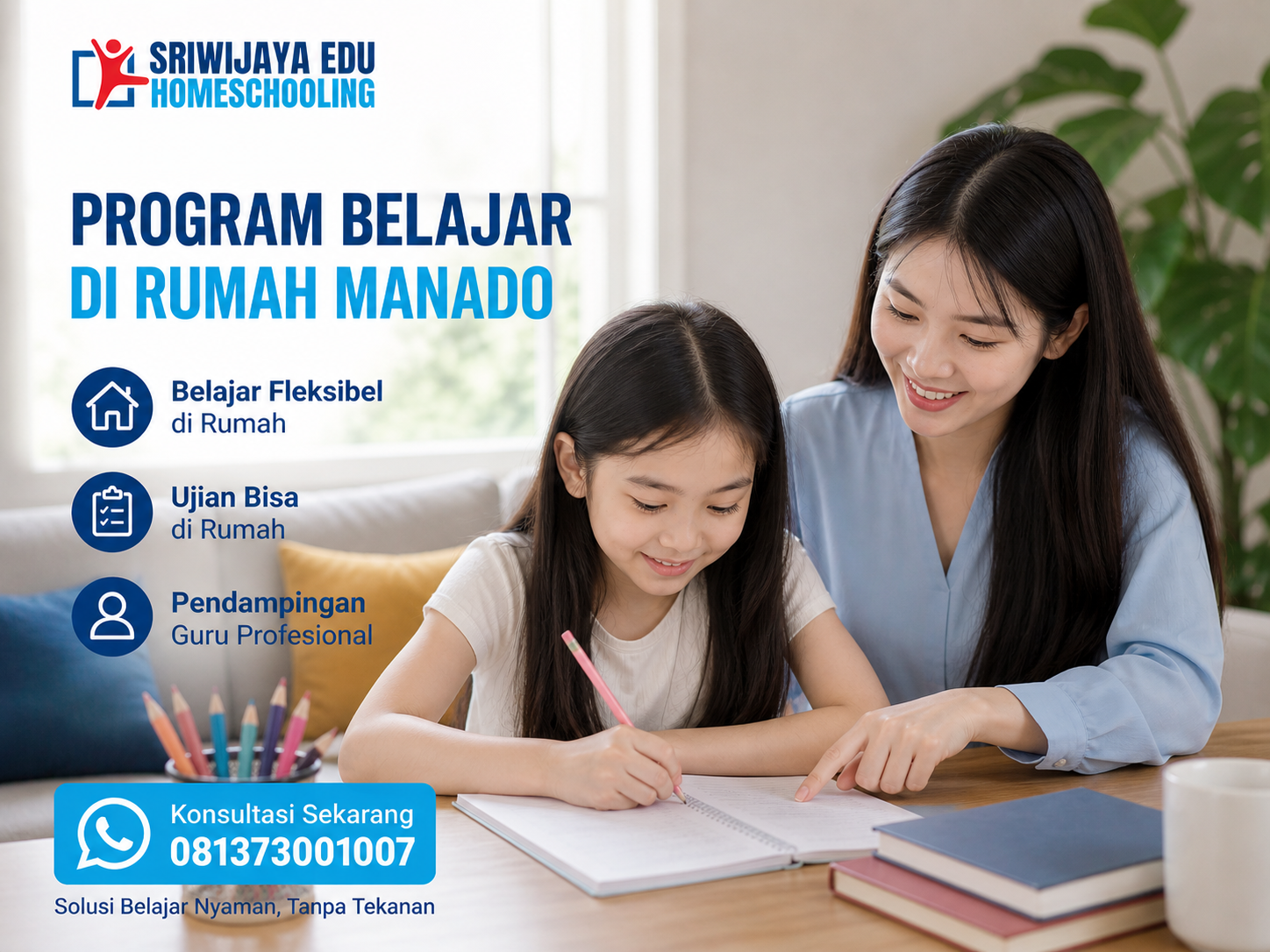 Anak dan guru belajar di rumah di Manado dengan suasana nyaman, menampilkan program belajar fleksibel dan ujian di rumah dengan pendampingan guru profesional.