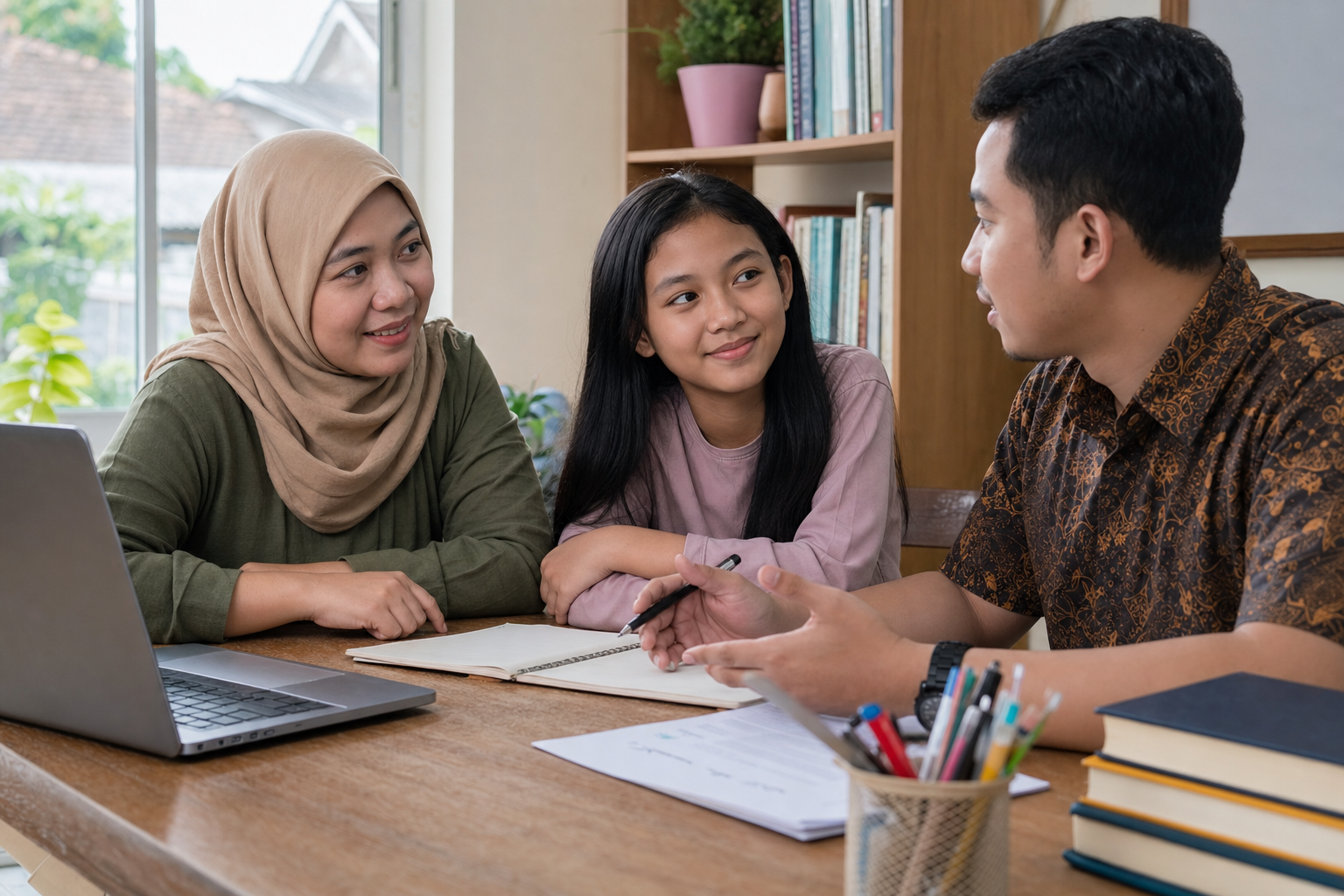 Orang tua dan anak berkonsultasi untuk pindah dari sekolah formal ke homeschooling di Malang